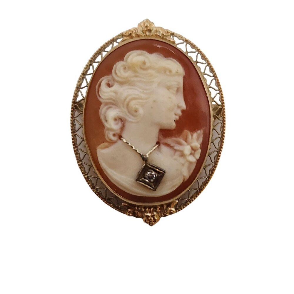 Antique Beautiful 14kt Gold Elaborate Frame Shell Cameo Brooch/Pendant (A5303)